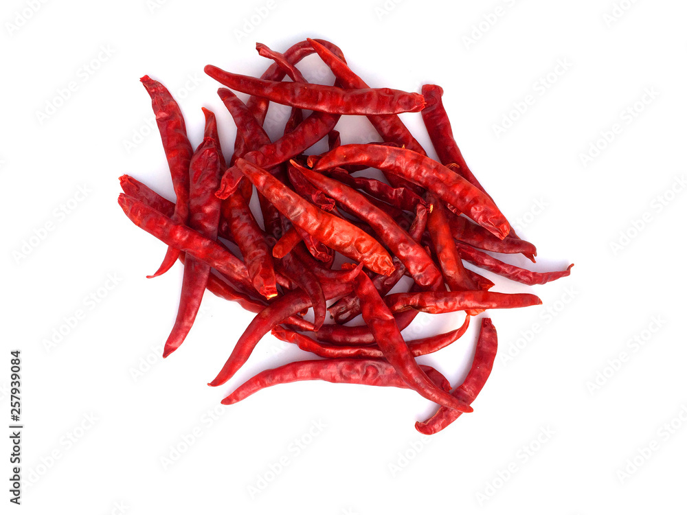 Top view red sun dried chilli on white background