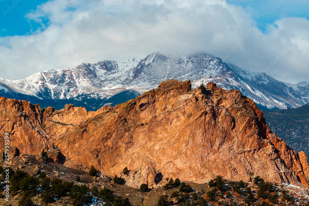 Garden of the Gods Colorado and Pikes Peak in Wintertime
