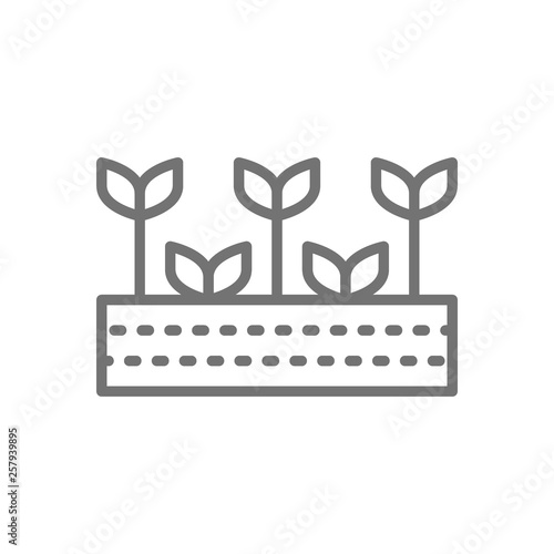 Field with plants, farmland, garden, agricultural landscape line icon.