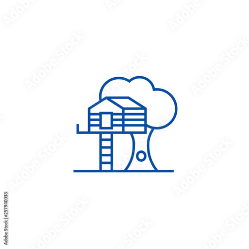 House on tree line concept icon. House on tree flat  vector website sign, outline symbol, illustration.