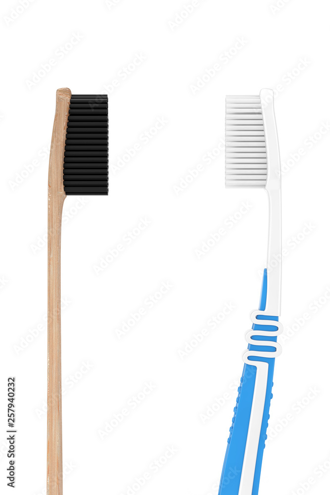 Wooden Bamboo Tooth Brush near Simple Plastic Toothbrush. 3d Rendering