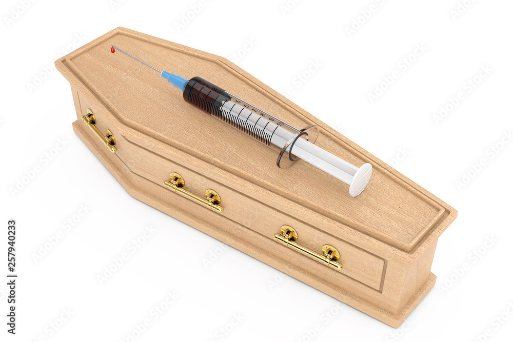Narcotic Drugs Syringe over Wooden Coffin With Golden Handles. 3d Rendering