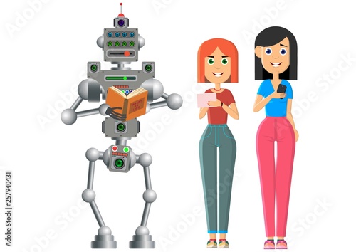Man and robot are reading books. The robot prefers old books on paper.