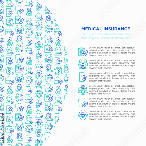 Medical insurance concept with thin line icons: policy, life insurance, psychological support, maternity program, 24/7 support, mobile app. Vector illustration, template for print media, banner.