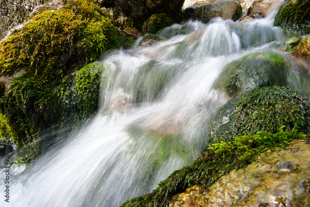 Wild stones with green moss and a stream of water. Wet wild stones covered with green moss. White jet of falling water. Wild stones with green moss and a stream of water. Wet wild stones covered with green moss. White jet of falling water.