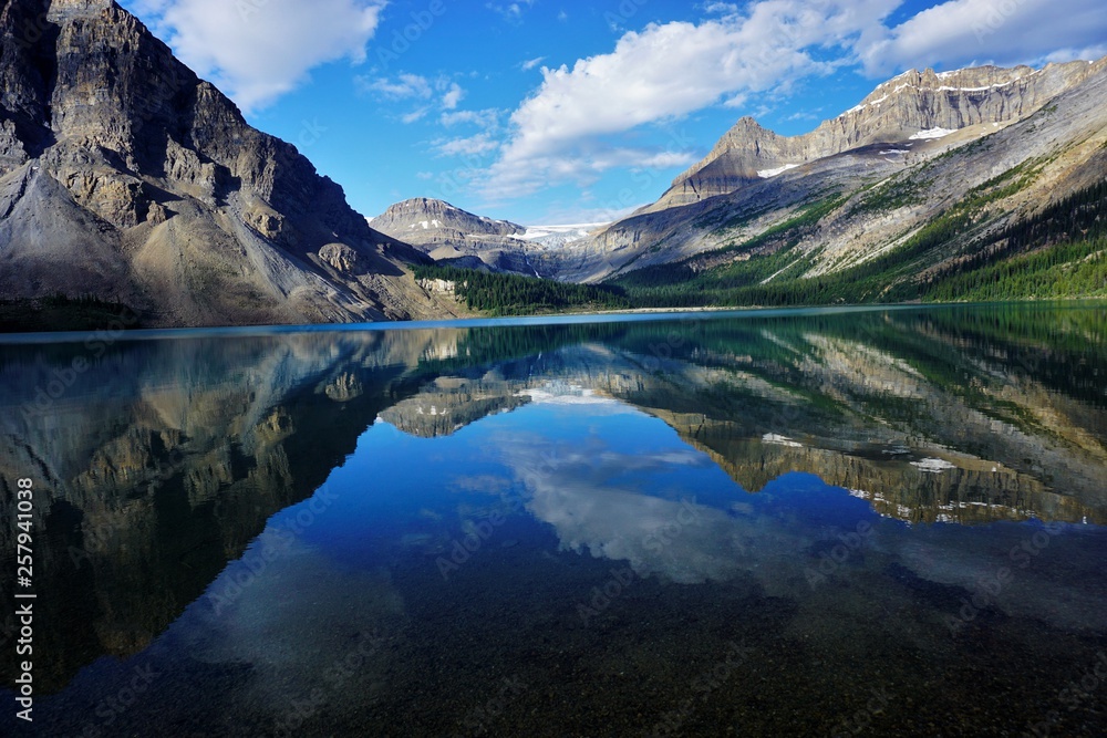 Mountains reflection in Bow Lake in National park Banff in Canada