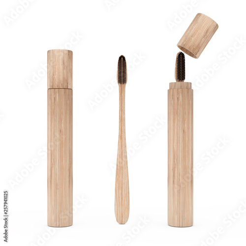 Wooden Bamboo Tooth Brush with Case Cover. 3d Rendering