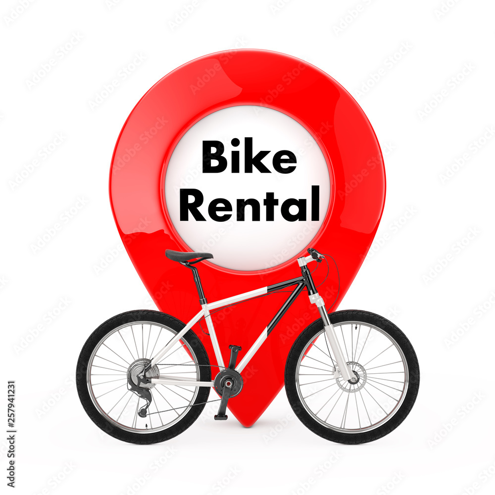 Black and White Mountain Bike in front of Map Pointer Pin with Bike Rental  Sign. 3d Rendering ilustración de Stock | Adobe Stock