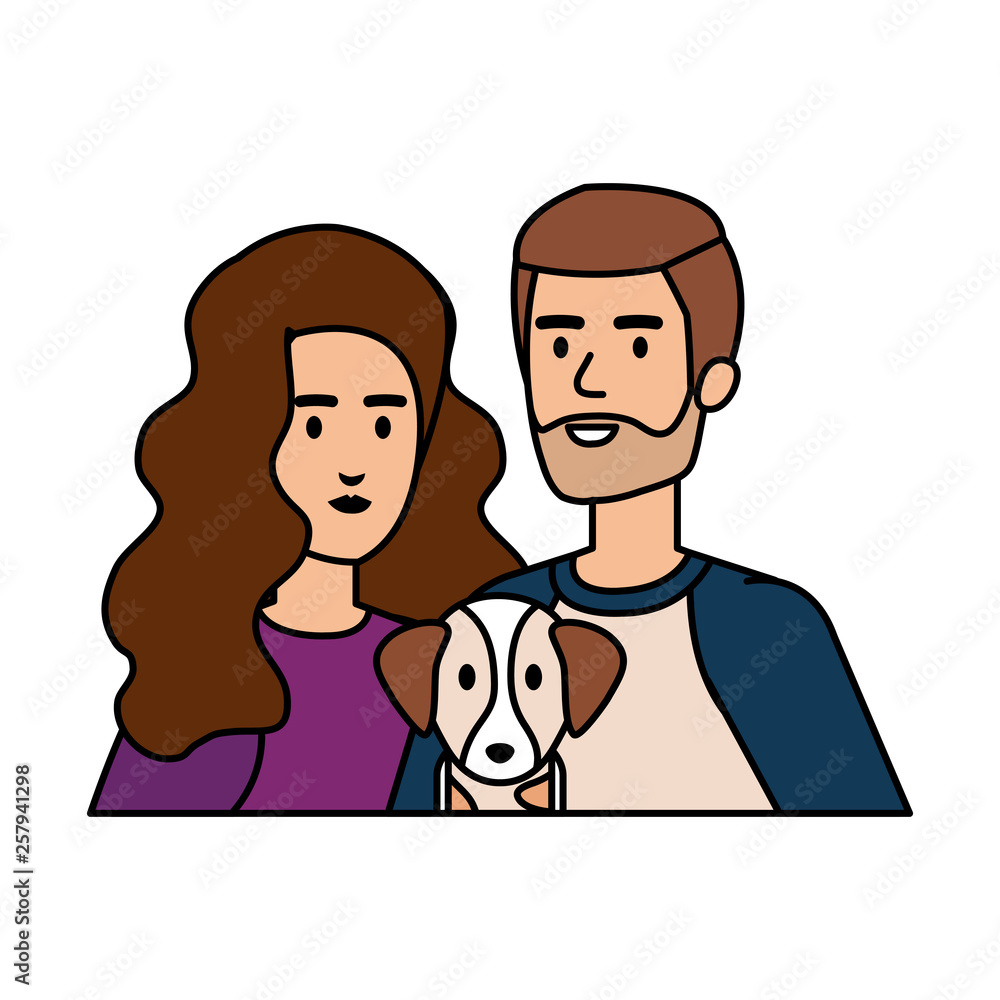 young couple with dog avatars characters young couple with dog avatars characters