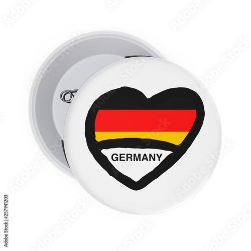 Love Germany Concept. White Pin Badges with Heart  Germany Flag and Sign. 3d Rendering