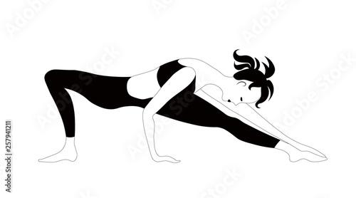 Girl engaged gymnastics. Vector hand drawing black illustration. 