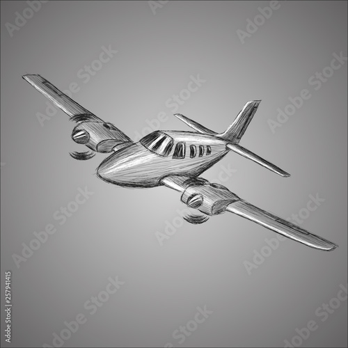 Small plane vector sketch. Hand drawn twin engine propelled aircraft. Air tours wehicle silhouette.