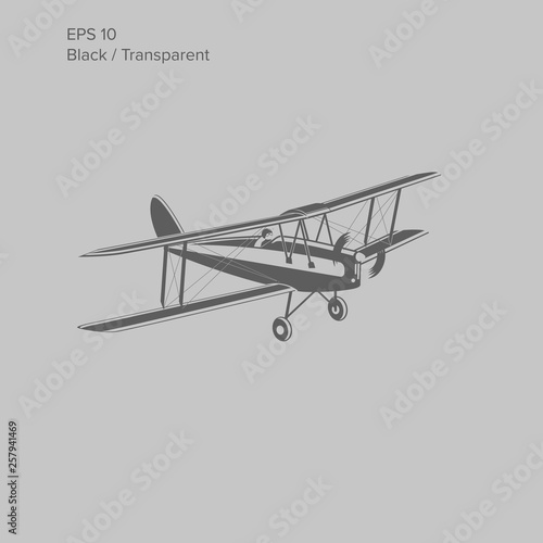 Retro biplane plane vector illusration. Vintage piston engine airplane