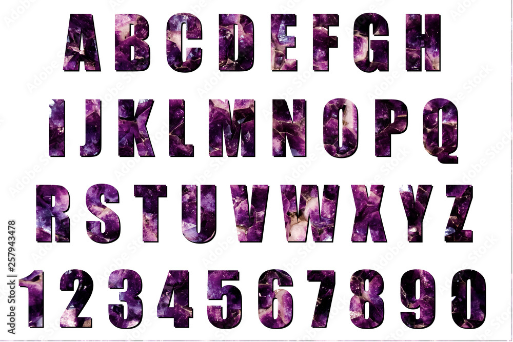 Latin alphabet and numbers with black substrate. Font with background of amethyst Latin alphabet and numbers with black substrate. Font with background of amethyst