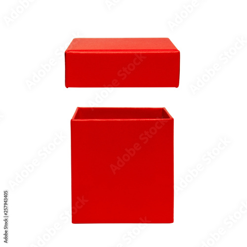 Christmas and New Year's Day. Open red gift box isolated. Happy Birthday Concept. Front view.