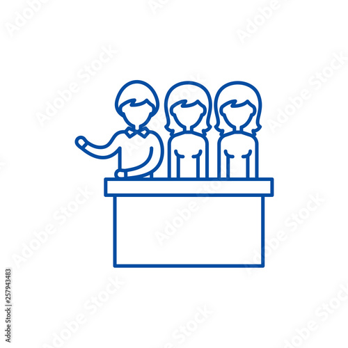Jury trial line concept icon. Jury trial flat  vector website sign, outline symbol, illustration.