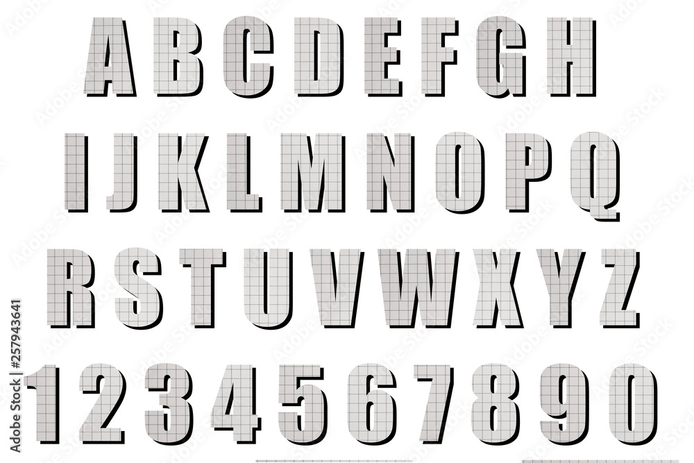 Latin alphabet and numbers with black substrate. Font with background of squared paper Latin alphabet and numbers with black substrate. Font with background of squared paper