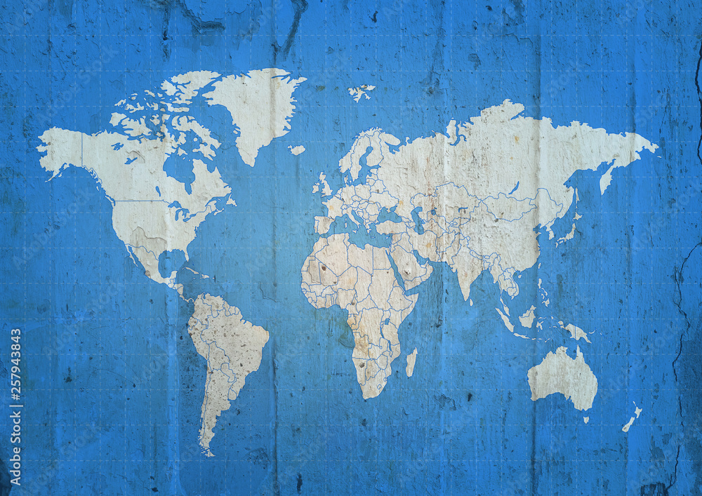 World map blue grunge concrete background