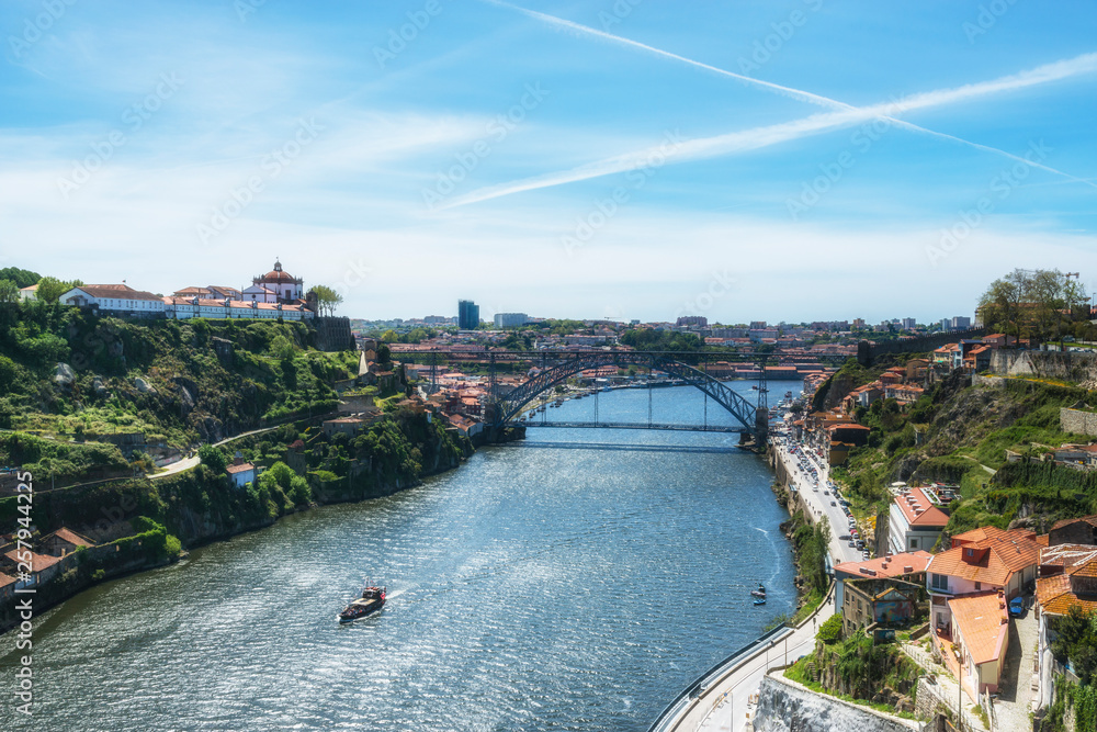 Aerial view of the Douro River with the cruise vessel. Porto, Portugal.