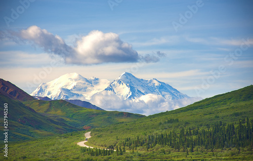 With its huge mountains and surrounded by a wonderful biodiversity lies the Denali National Park and Preserve. Touristic route and cloud sky. Landscape, fine art. Parks Hwy, Alaska, EUA: July 28, 2018
