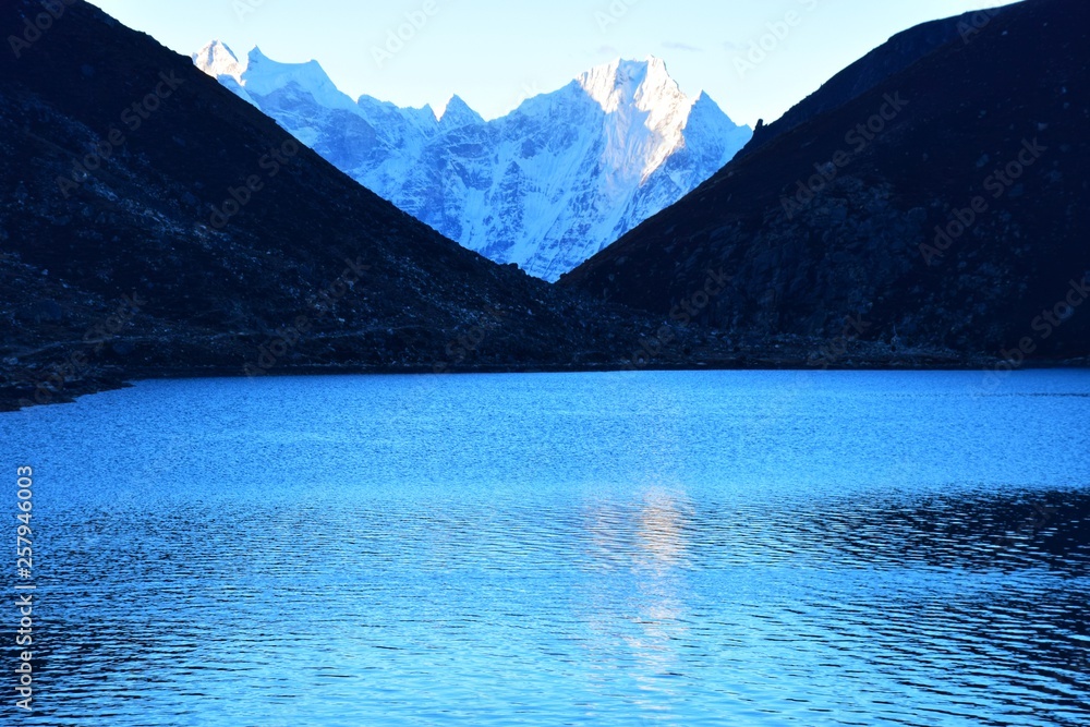 Himalayan blue lake with snowy mountains