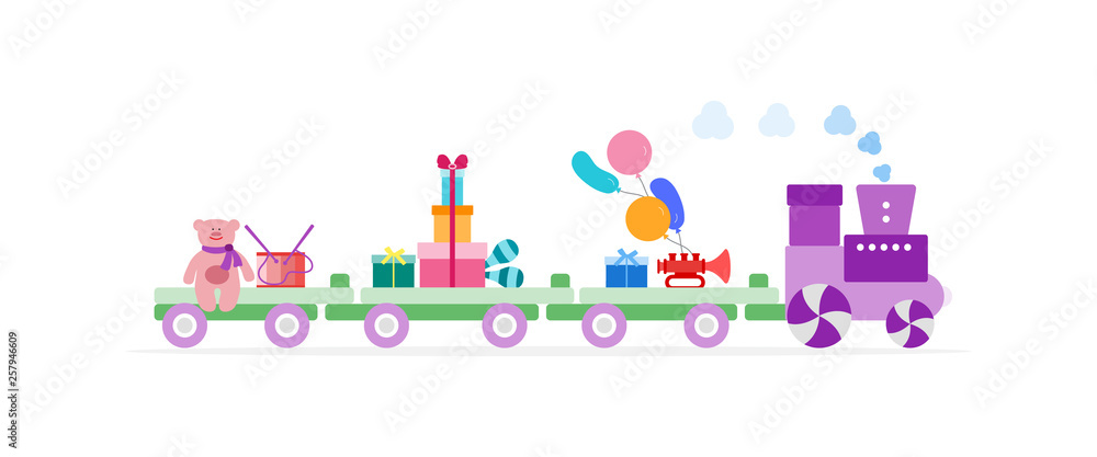 Train carries toys. Gifts for holidays to children