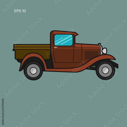 Old retro pickup truck vector illustration. Vintage transport vehicle