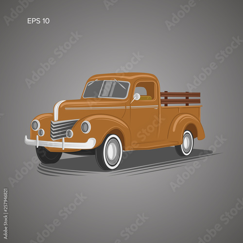 Old retro pickup truck vector illustration. Vintage transport vehicle