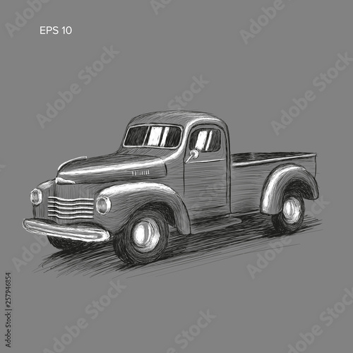 Old retro farmer pickup truck vector illustration. Hand drawn icon.