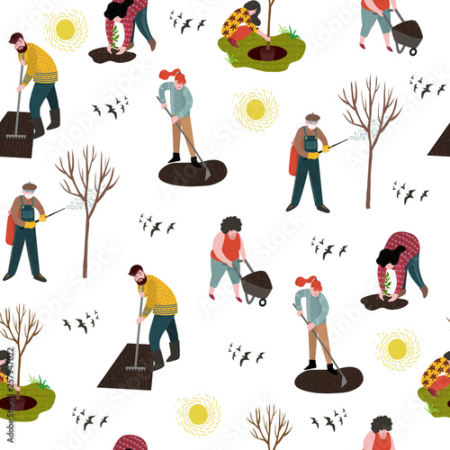 Seamless pattern with people working in the garden over planting, developing the land and treating trees from pests. Vector