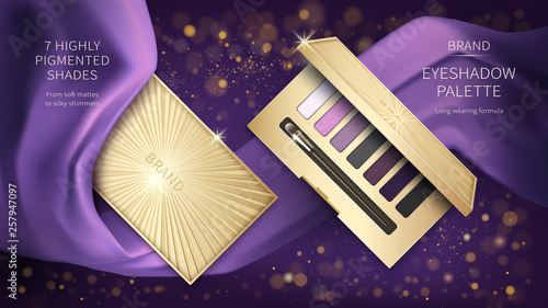 Cosmetic vector realistic eye shadow ads. Elegant golden palette, open case with purple eye shadows and make-up applicator on background of silk violet folds fabric and sparkles, decorative cosmetics