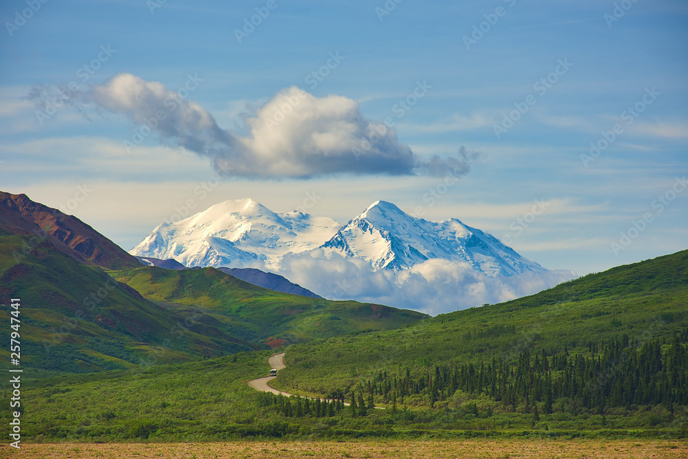 With its huge mountains and surrounded by a wonderful biodiversity lies the Denali National Park and Preserve. Touristic route and cloud sky. Landscape, fine art. Parks Hwy, Alaska, EUA: July 28, 2018