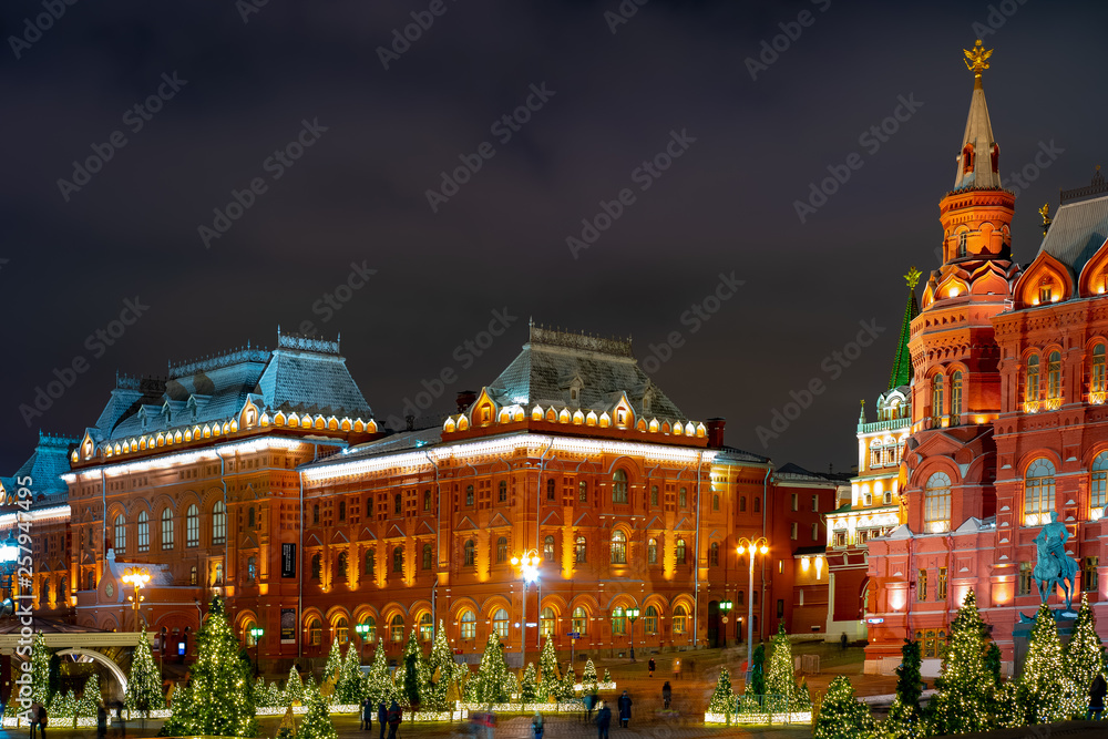 City the Moscow.Christmas installation at the Manege square, Russia.2019