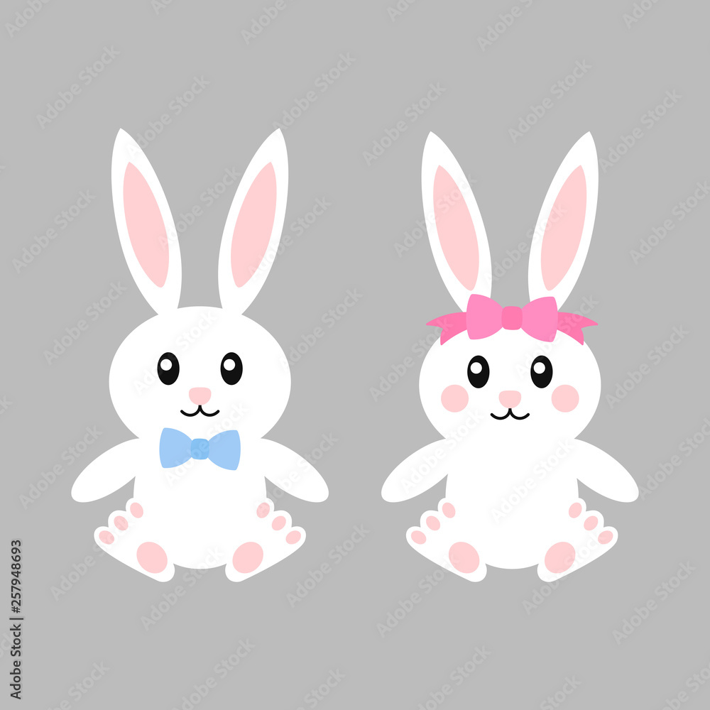 Happy easter bunnies with bows - vector illustration. Cute bunny girl and boy. White rabbit isolated. Cartoon Happy easter bunnies with bows - vector illustration. Cute bunny girl and boy. White rabbit isolated. Cartoon