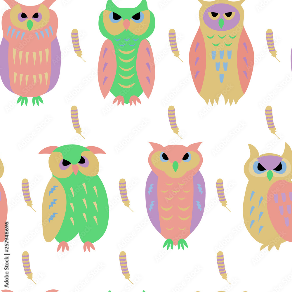 Obraz premium seamless pattern of funny owls and feathers