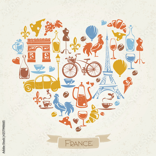 Vector I love France design with symbols of  French culture. 