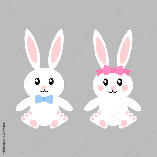 Happy easter bunnies with bows - vector illustration. Cute bunny girl and boy. White rabbit isolated. Cartoon