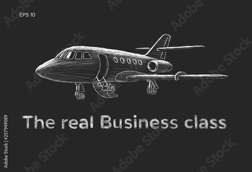 Private jet vector hand drawn sketch. Business jet illustration chalk style.