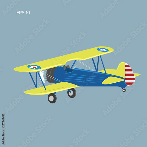 Retro biplane plane vector illusration. Vintage piston engine airplane