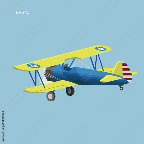 Retro biplane plane vector illusration. Vintage piston engine airplane flat design