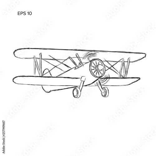 Retro biplane plane vector drawing. Vintage piston engine airplane sketch