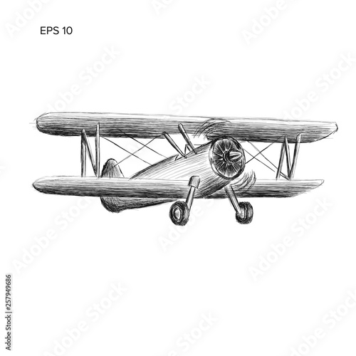 Retro biplane plane vector drawing. Vintage piston engine airplane sketch
