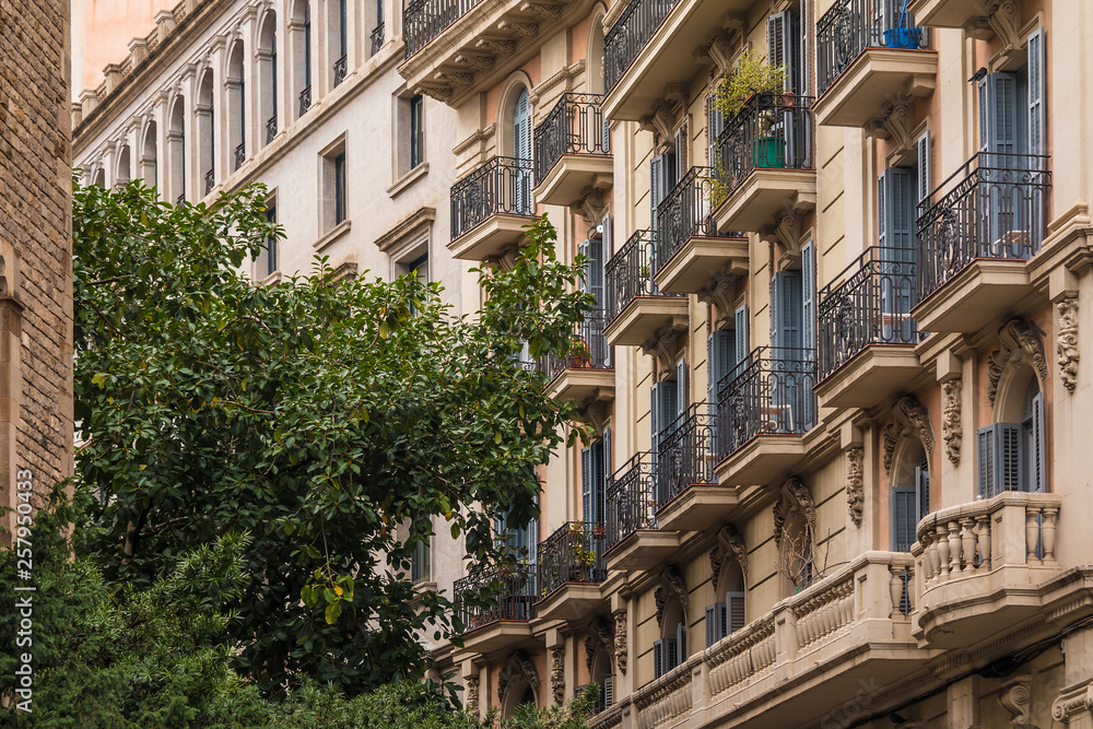 Obraz premium Row of the urban historic buildings on the Tapineria street stretching into perspective, Barcelona, Spain