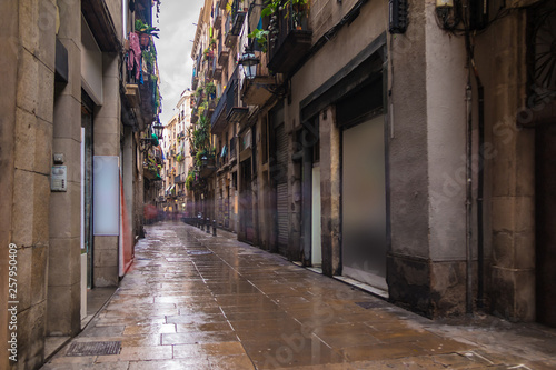 Long-exposure view of the Corders street in the Gothic Quarter in overcast day, Barcelona, Spain