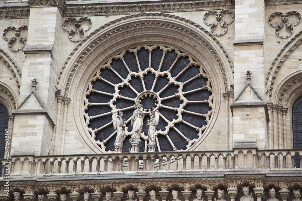 Architectural details of Cathedral Notre Dame de Paris. Cathedral Notre Dame de Paris - most famous Gothic, Roman Catholic cathedral (1163-1345) on the eastern half of the Cite Island. France, Europe.