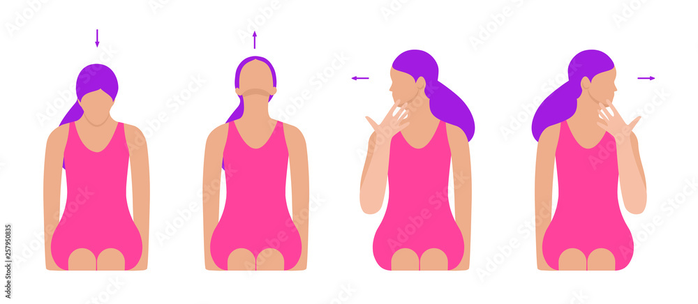 Vector colorful flat illustration. Neck exercises by girl for relax. Pull down your head and fix this. Head back and fix this. Turn head left and right Creative concept. Pink and purple colors. 
