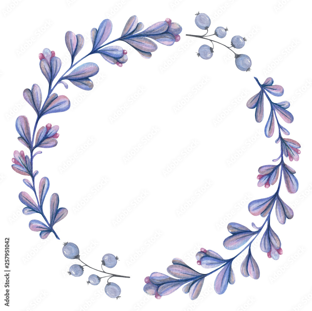 watercolor blue and violett wreath with leaves and berries on a white background