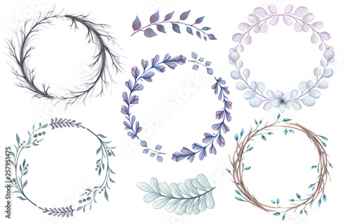 set of watercolor wreaths and branches on a white background in blue tones