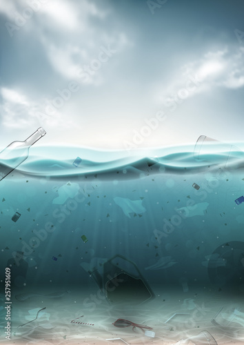Vector poster with polluted sea water. Different garbage floating in ocean water. Rubbish lies on sea bottom. Vector illustration.