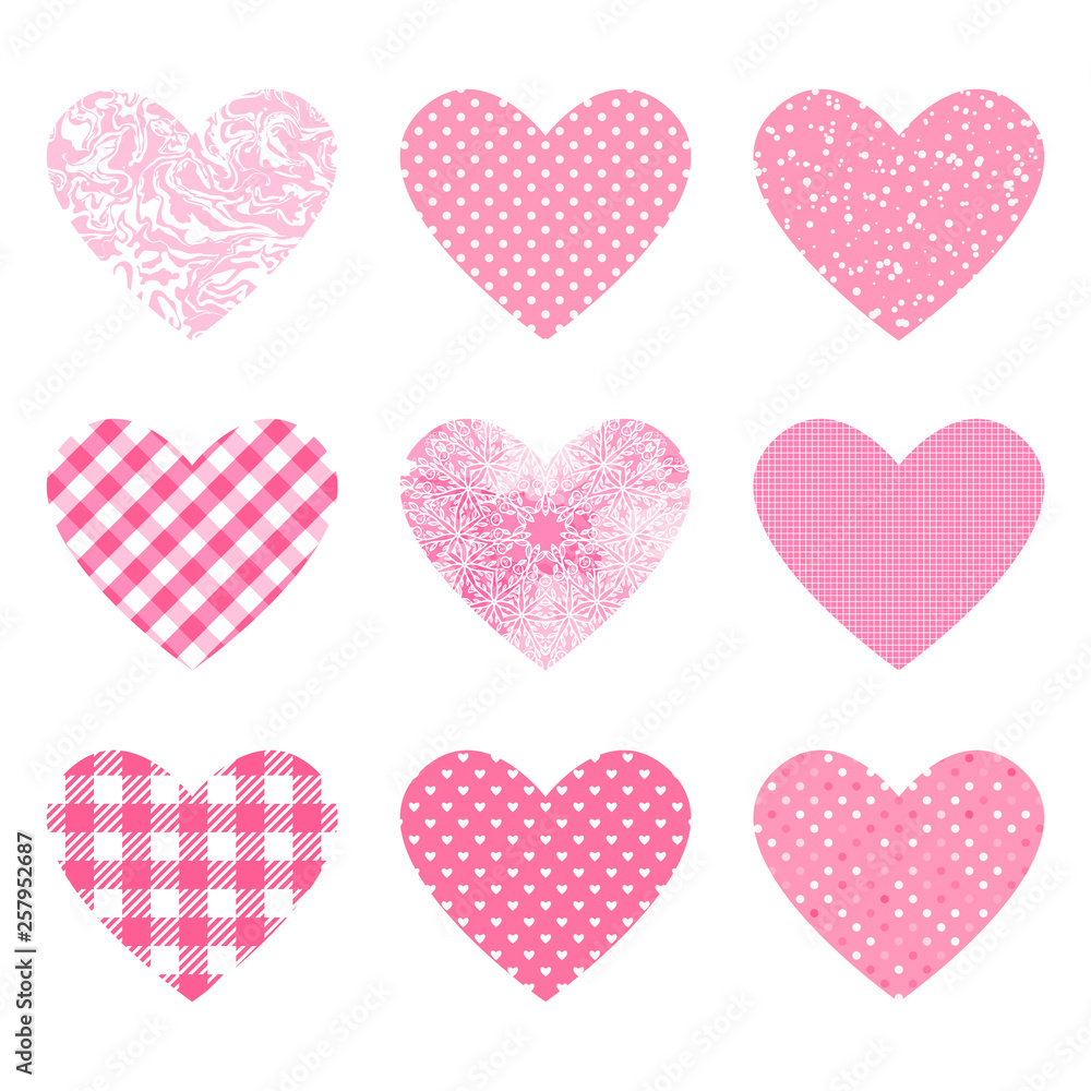 Set hearts shapes with pink color texture. Different polka dot, checkered pattern. Vector template backgrounds for Valentine's Day Set hearts shapes with pink color texture. Different polka dot, checkered pattern. Vector template backgrounds for Valentine's Day